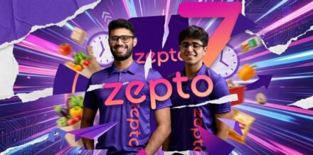 The Speed of Now: How Zepto Turned 10 Minutes into a Billion Dollars Modern abstract collage featuring Zepto founders Aadit Palicha and Kaivalya Vohra against a dynamic violet and magenta background, representing the speed of 10-minute delivery and the dark store revolution.