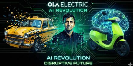 The Electric Highway & The AI Leap: From Cab Wars to Krutrim—Decoding Bhavish Aggarwal’s Aggressive Pivot Futuristic collage of Bhavish Aggarwal splitting a yellow taxi cab into a neon green electric scooter and AI brain network.
