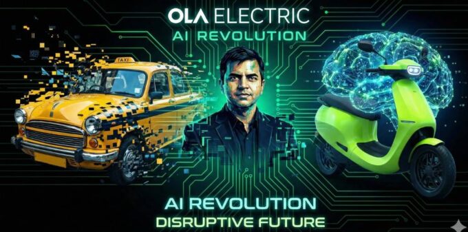 Futuristic collage of Bhavish Aggarwal splitting a yellow taxi cab into a neon green electric scooter and AI brain network.