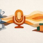 The Turtle’s Armor A minimal paper-collage illustration depicting the transition from chaotic text input and confusion to a clean, finalized invoice, bridged by a central microphone icon, symbolizing voice-led AI adoption in Tier-2 India.