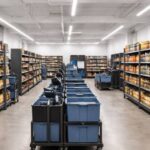 Interior view of a grocery dark store featuring stocked shelves of fresh produce and blue order picking crates for quick commerce fulfillment