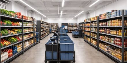 Dark Store Unit Economics: The Real Cost of 10-Minute Delivery Interior view of a grocery dark store featuring stocked shelves of fresh produce and blue order picking crates for quick commerce fulfillment