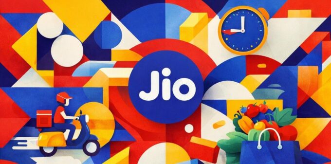 The Turtle’s Armor A vibrant, abstract illustration representing the JioMart quick commerce strategy, featuring the Jio logo, a delivery driver on a scooter, a clock, and a bag of fresh groceries against a colorful geometric background.