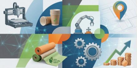 Modern collage illustration showing a CNC machine, biodegradable paper cups, industrial gears, and stacking coins, representing profitable manufacturing business ideas under ₹10 Lakhs.