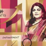 Collage art featuring Nykaa founder Falguni Nayar surrounded by beauty products and upward growth charts, symbolizing the rise of the Indian beauty unicorn.