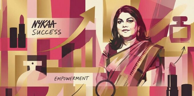 Collage art featuring Nykaa founder Falguni Nayar surrounded by beauty products and upward growth charts, symbolizing the rise of the Indian beauty unicorn.
