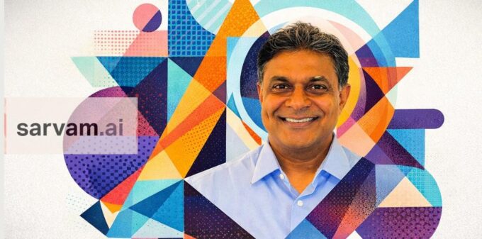 Sarvam AI Sovereign LLM: The Sovereign Voice & India’s Moat Digital illustration featuring Vinod Khosla and the Sarvam.ai logo against a vibrant geometric background, representing the rise of India's sovereign AI and linguistic independence.