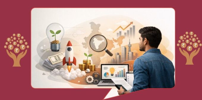 Startup India Seed Fund Scheme (2026): Eligibility & How to Apply Illustration of a rocket launching from a map of India surrounded by coins, representing the Startup India Seed Fund Scheme 2026 growth.