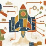 A collage-style illustration depicting the rise of 'Indicorn' startups in Bharat, showing a rocket made of indigenous patterns launching amidst gears, satellite connectivity, data folders, and sustainable profits in Tier 2 and Tier 3 India.