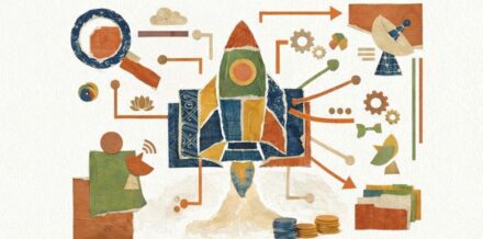 The State of Bharat Startups 2026 A collage-style illustration depicting the rise of 'Indicorn' startups in Bharat, showing a rocket made of indigenous patterns launching amidst gears, satellite connectivity, data folders, and sustainable profits in Tier 2 and Tier 3 India.