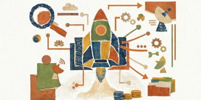 A collage-style illustration depicting the rise of 'Indicorn' startups in Bharat, showing a rocket made of indigenous patterns launching amidst gears, satellite connectivity, data folders, and sustainable profits in Tier 2 and Tier 3 India.