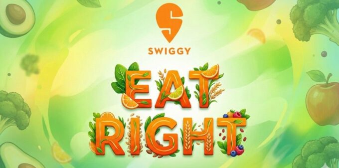 Cover graphic for Swiggy’s ‘EatRight’ launch, featuring the Swiggy logo above the words EAT RIGHT, which are creatively formed using fresh vegetables, fruits, and grains on a green background.