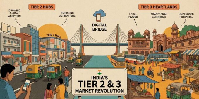 The Unstoppable Rise of Tier 2 and 3 Markets in India Collage graphic comparing a modern metro skyscraper with a busy street market, representing the digital rise of Tier 2 and 3 markets in India