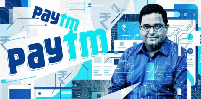 Abstract collage art featuring Vijay Shekhar Sharma and the Paytm logo, overlaid with digital circuit board patterns, rupee symbols, and QR codes in a cyan and blue color palette, representing the transition from Unicorn hype to Indicorn reality.