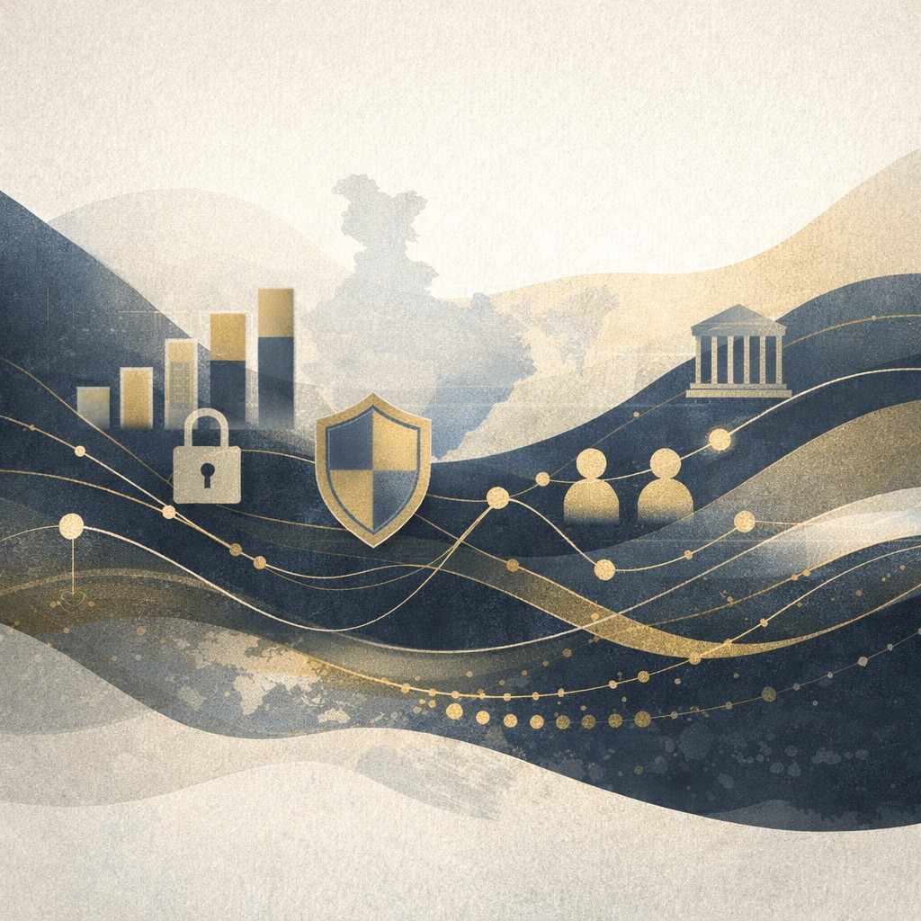 Abstract illustration showing capital flows, institutional trust, governance, and resilient growth shaping Bharat’s evolving economic landscape