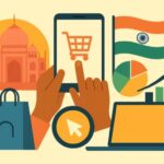 Minimalist creative collage representing the Indian digital economy, featuring a smartphone with a shopping cart, the Indian flag, and Bharat market growth charts.