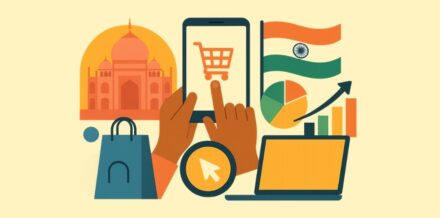 Bharat Startup Funding: The Rise of Tier-2 Growth Engines Minimalist creative collage representing the Indian digital economy, featuring a smartphone with a shopping cart, the Indian flag, and Bharat market growth charts.