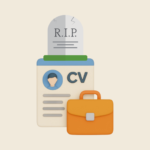 3D illustration of a CV document transforming into a tombstone marked R.I.P, symbolizing the death of the traditional resume in modern hiring.