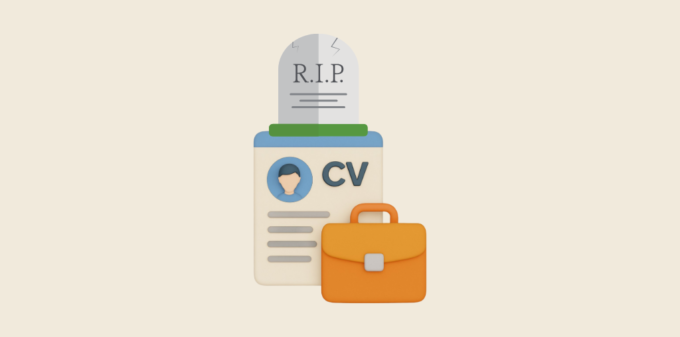 3D illustration of a CV document transforming into a tombstone marked R.I.P, symbolizing the death of the traditional resume in modern hiring.