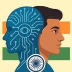 Illustration of a human profile merging with a blue circuit-patterned AI profile against the Indian flag background.
