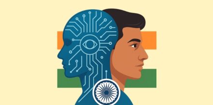Illustration of a human profile merging with a blue circuit-patterned AI profile against the Indian flag background.