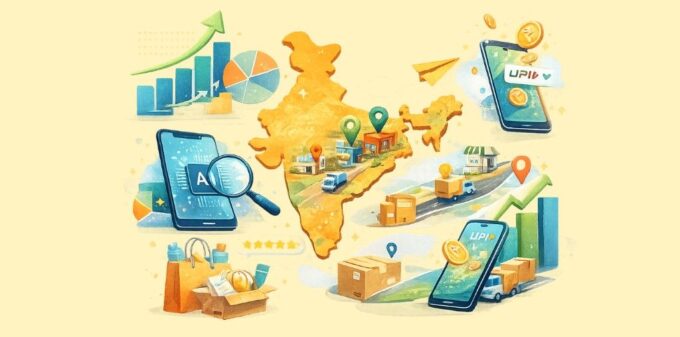 Creative collage illustration representing ecommerce growth, digital payments, logistics expansion and AI adoption across Tier-2 and Tier-3 markets in India