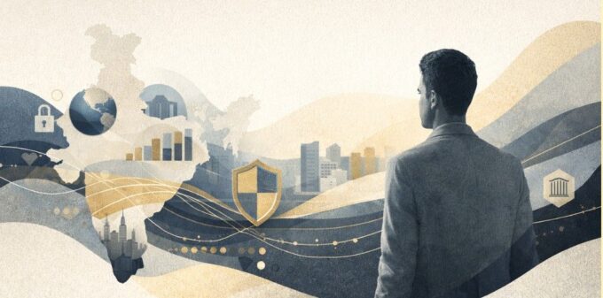 Editorial collage illustrating Bharat’s evolving growth narrative, capital flows, institutional trust, and resilient economic systems