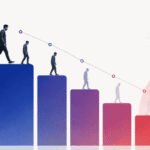 Illustration showing a mobile app retention drop-off with descending gradient bars, fading user figures walking away, and a smartphone interface symbolizing declining engagement and loyalty in startup apps.