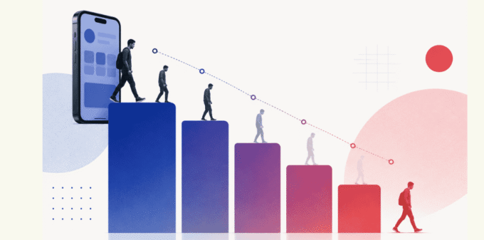 Illustration showing a mobile app retention drop-off with descending gradient bars, fading user figures walking away, and a smartphone interface symbolizing declining engagement and loyalty in startup apps.