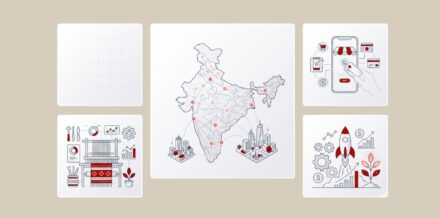 An analytical collage of the Bharat digital economy featuring a networked map of India, B2B handloom digitization, mobile commerce trust signals, and lean scaling startup growth.