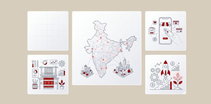 Decoding the Bharat Digital Economy: Trust Signals, Supply Chains, and the Lean Scaling Imperative An analytical collage of the Bharat digital economy featuring a networked map of India, B2B handloom digitization, mobile commerce trust signals, and lean scaling startup growth.
