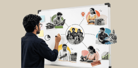 A founder mapping a startup target audience on a whiteboard for Tier-2 Indian consumers.