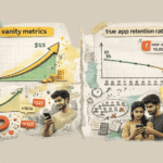 Analytical chart showing the difference between vanity metrics and true app retention rate for Indian startups.