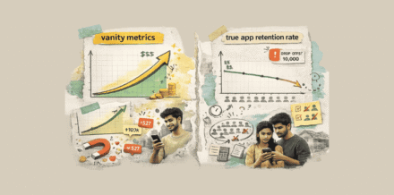 Analytical chart showing the difference between vanity metrics and true app retention rate for Indian startups.
