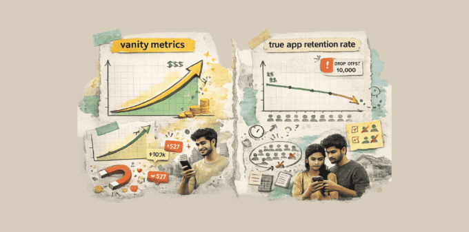 Analytical chart showing the difference between vanity metrics and true app retention rate for Indian startups.