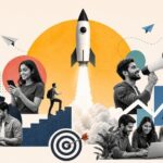 Modern collage illustration showing Indian startup founders, user growth, product marketing, and go-to-market strategy concepts with rocket launch, growth charts, and digital engagement visuals.