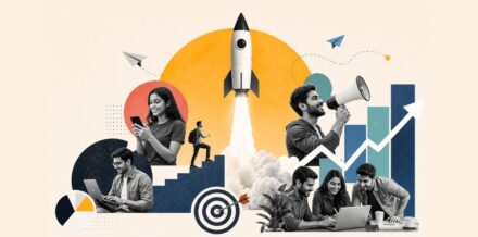 Zero-to-One User Acquisition: Building a Repeatable Go-To-Market (GTM) Strategy for Indian Startups Modern collage illustration showing Indian startup founders, user growth, product marketing, and go-to-market strategy concepts with rocket launch, growth charts, and digital engagement visuals.