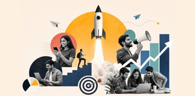 Modern collage illustration showing Indian startup founders, user growth, product marketing, and go-to-market strategy concepts with rocket launch, growth charts, and digital engagement visuals.