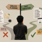 A startup founder choosing between endless planning and fast execution for a minimum viable product.