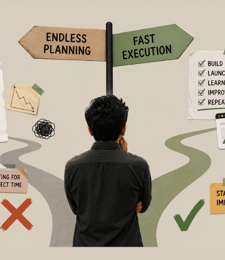 A startup founder choosing between endless planning and fast execution for a minimum viable product.