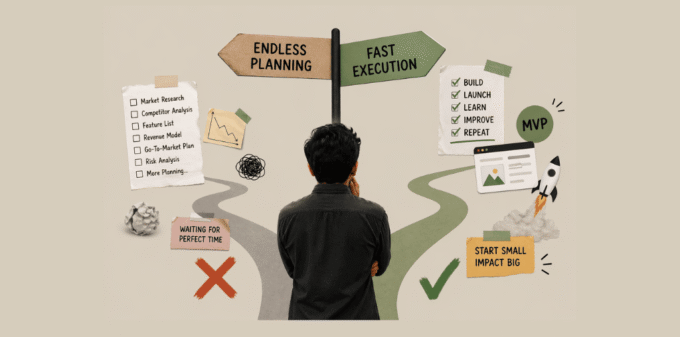 A startup founder choosing between endless planning and fast execution for a minimum viable product.