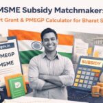 MSME Subsidy Matchmaker banner featuring a confident Bharat entrepreneur alongside a government PMEGP checklist, the Indian flag, and a subsidy calculator.
