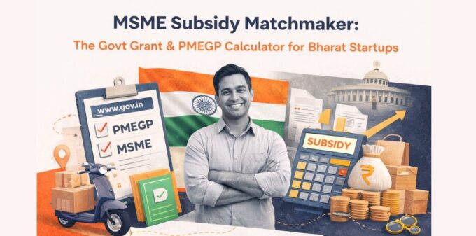 MSME Subsidy Matchmaker banner featuring a confident Bharat entrepreneur alongside a government PMEGP checklist, the Indian flag, and a subsidy calculator.