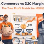 Quick Commerce vs D2C Margin Analyzer banner showing a delivery rider and a local MSME entrepreneur comparing profit margins with a rupee scale and financial charts.