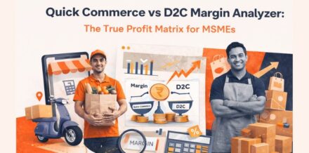 Quick Commerce vs D2C Margin Analyzer banner showing a delivery rider and a local MSME entrepreneur comparing profit margins with a rupee scale and financial charts.