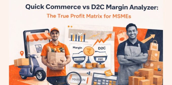 Quick Commerce vs D2C Margin Analyzer banner showing a delivery rider and a local MSME entrepreneur comparing profit margins with a rupee scale and financial charts.