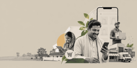 Rural commerce in India showing digital adoption, local sellers, and logistics network in a trust-driven ecosystem