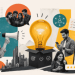 Modern editorial collage illustration showing startup messaging, customer engagement, digital commerce, and Indian consumer marketing with megaphone, mobile shopping, and idea generation visuals.