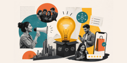 Writing a Startup Value Proposition: How to Craft Messaging That Converts Indian Consumers Modern editorial collage illustration showing startup messaging, customer engagement, digital commerce, and Indian consumer marketing with megaphone, mobile shopping, and idea generation visuals.