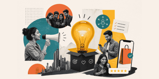 Modern editorial collage illustration showing startup messaging, customer engagement, digital commerce, and Indian consumer marketing with megaphone, mobile shopping, and idea generation visuals.
